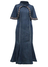 Vestido largo de mezclilla de algodón con volantes y cuello mandarín azul vintage, manga estilo capa